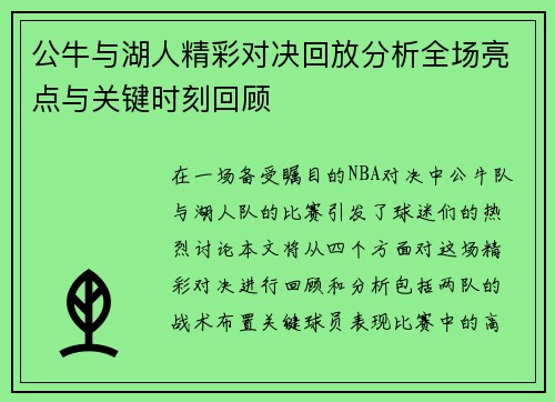 公牛与湖人精彩对决回放分析全场亮点与关键时刻回顾